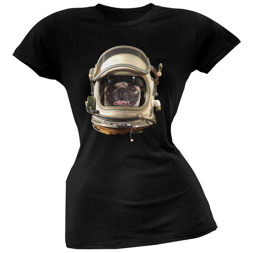 Astronaut Pug Black Soft Juniors T-Shirt Juniors T-Shirts Old Glory   