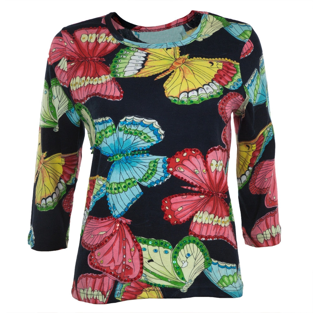 Butterflies Sequined 3/4 Sleeve Women's T-Shirt Blouses Crt   