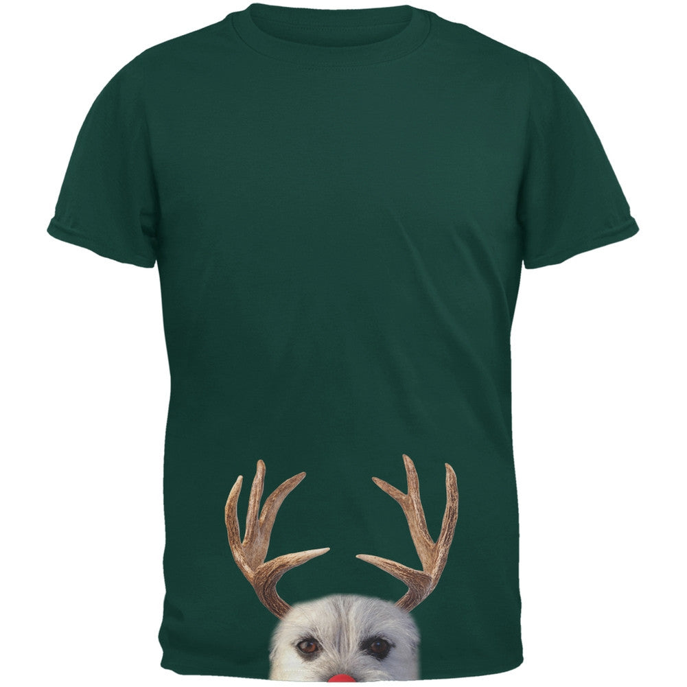 Peeking Funny Reindeer Dog Dark Green Adult T-Shirt Men's T-Shirts Old Glory   