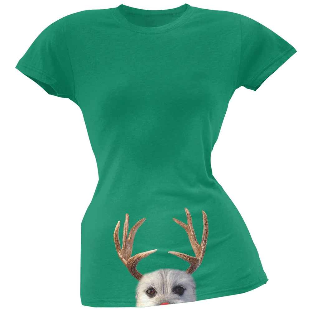 Peeking Funny Reindeer Dog Green Soft Juniors T-Shirt Juniors T-Shirts Old Glory   