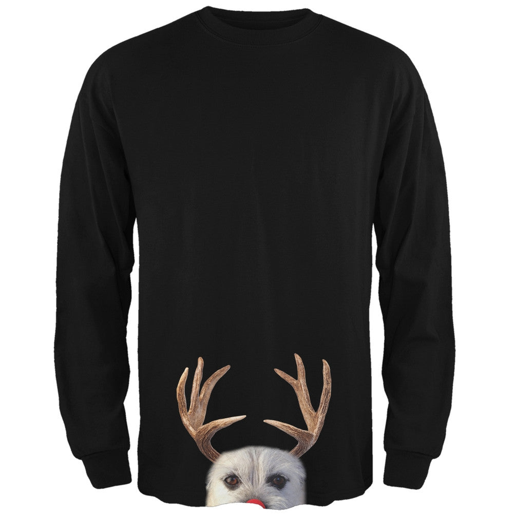 Peeking Funny Reindeer Dog Black Long Sleeve T-Shirt Men's Long Sleeves Old Glory   