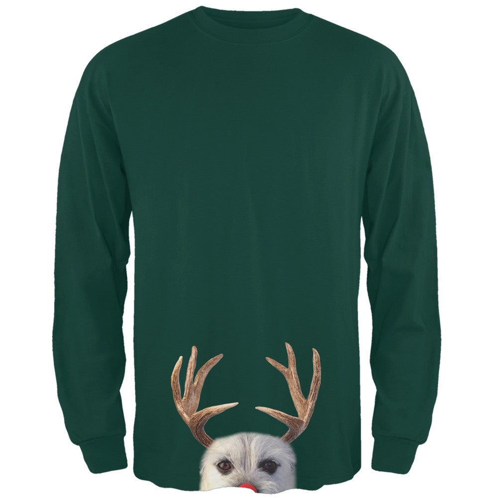 Peeking Funny Reindeer Dog Dark Green Long Sleeve T-Shirt Men's Long Sleeves Old Glory   