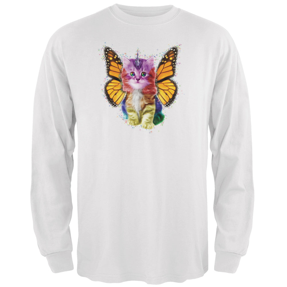 Rainbow Butterfly Unicorn Kitten White Adult Long Sleeve T-Shirt Men's Long Sleeves Old Glory 2XL White 