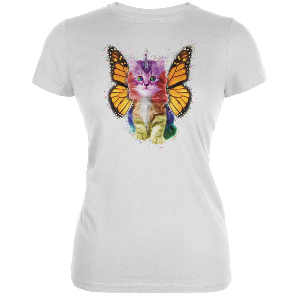 Rainbow Butterfly Unicorn Kitten White Juniors Soft T-Shirt Juniors T-Shirts Old Glory 2XL White 