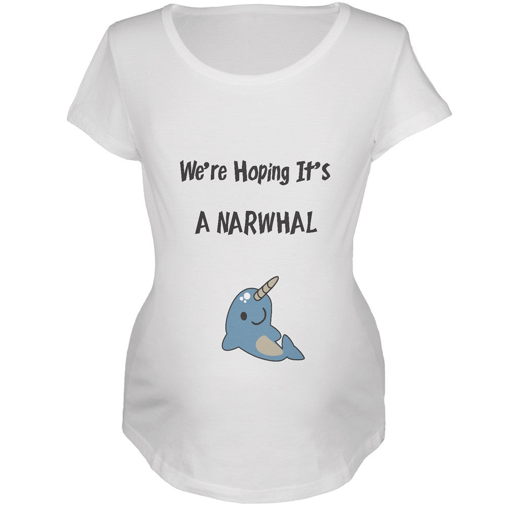 We're Hoping It's A Narwhal White Maternity Soft T-Shirt Maternity T-Shirts Old Glory 2XL White 