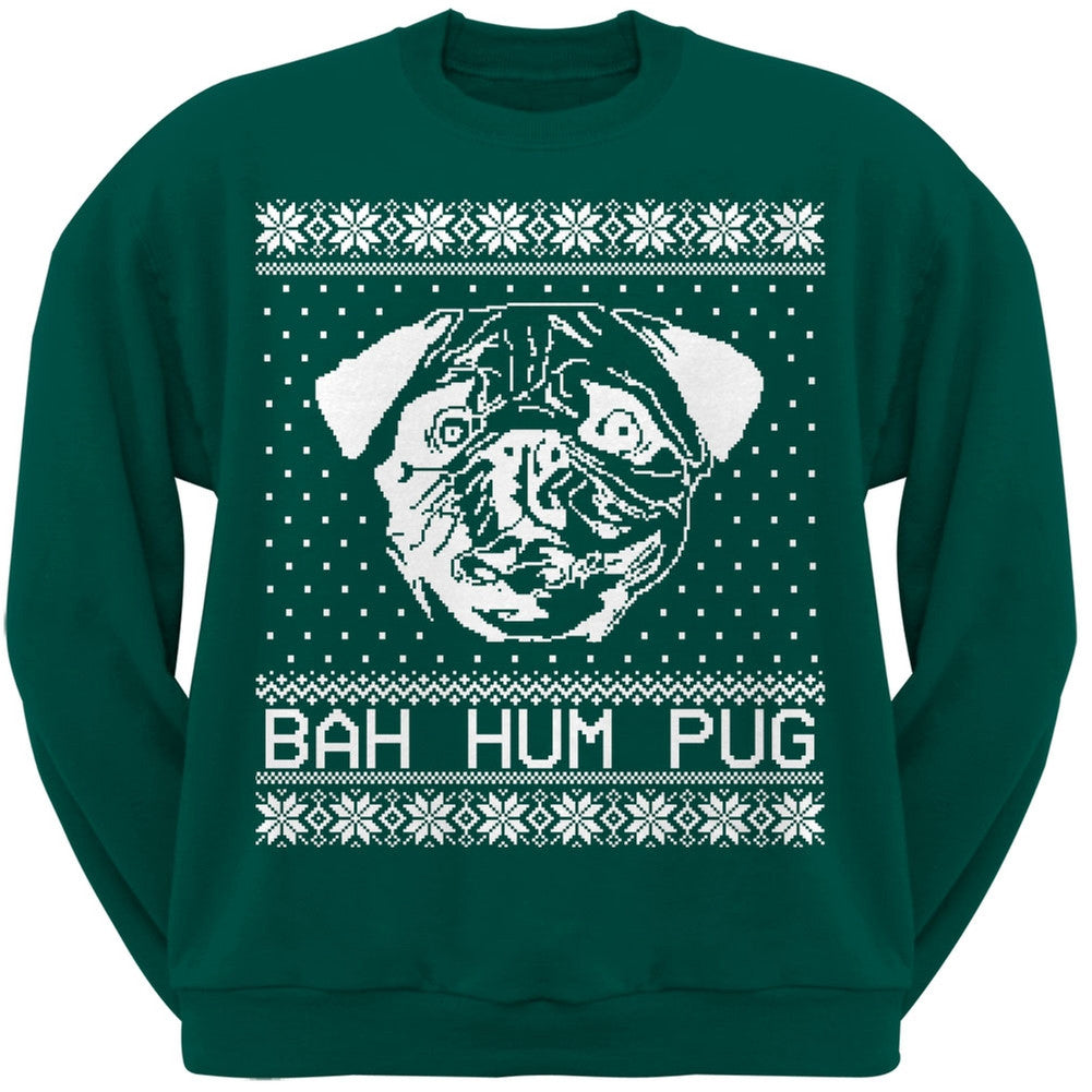 Bah Hum Pug Ugly Christmas Sweater Dark Green Adult Crew Neck Sweatshirt Sweatshirts Old Glory   