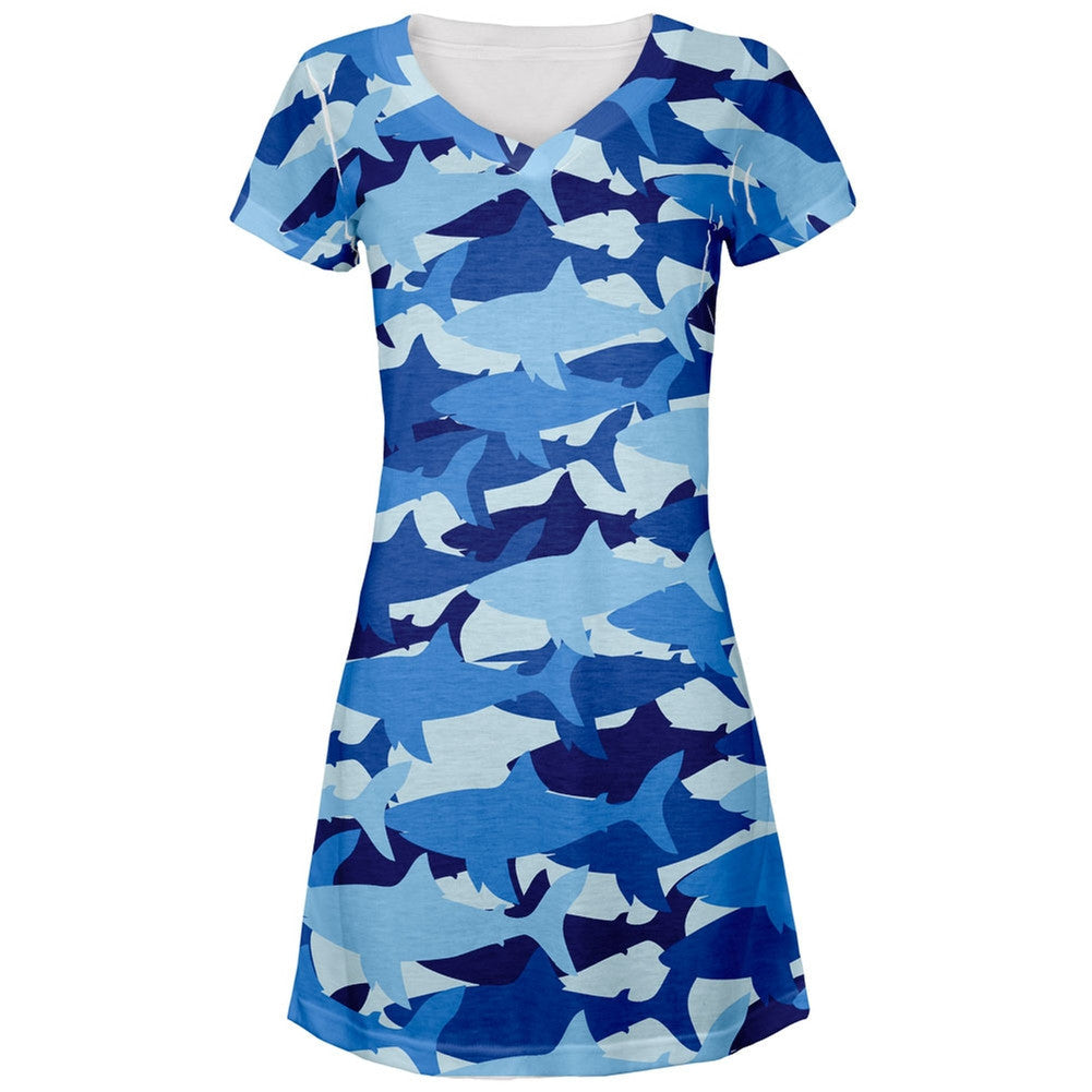Shark Camo All Over Juniors V-Neck Dress Dresses Old Glory LG Multi 