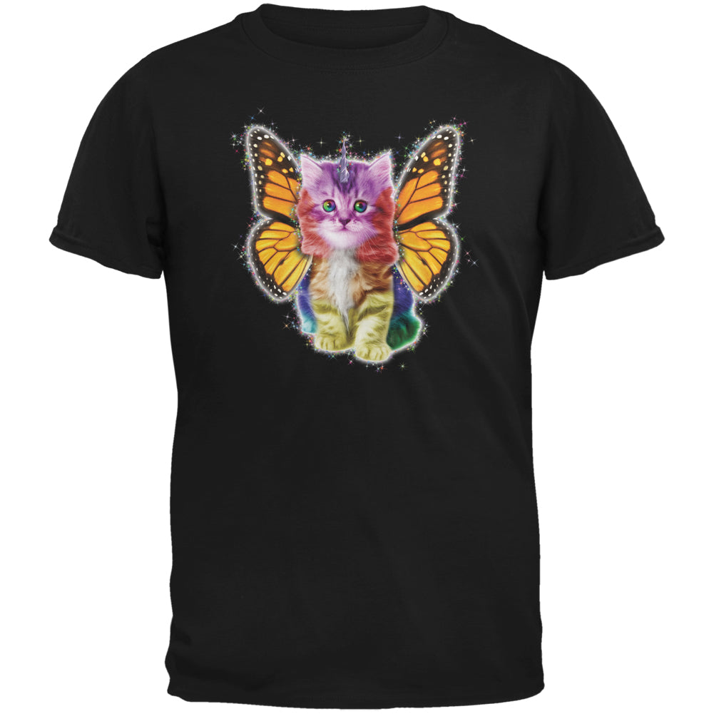 Rainbow Butterfly Unicorn Kitten Black Adult T-Shirt Men's T-Shirts Old Glory 2XL Black 