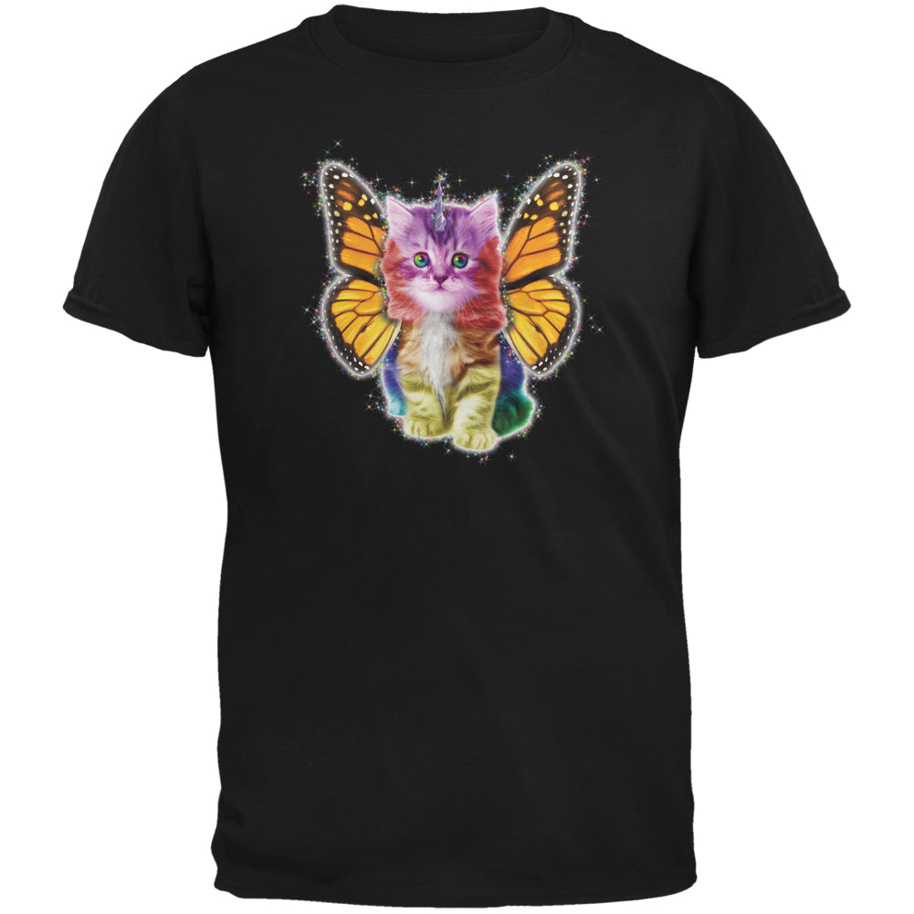 Rainbow Butterfly Unicorn Kitten Black Youth T-Shirt Youth T-Shirts Old Glory YLG Black 