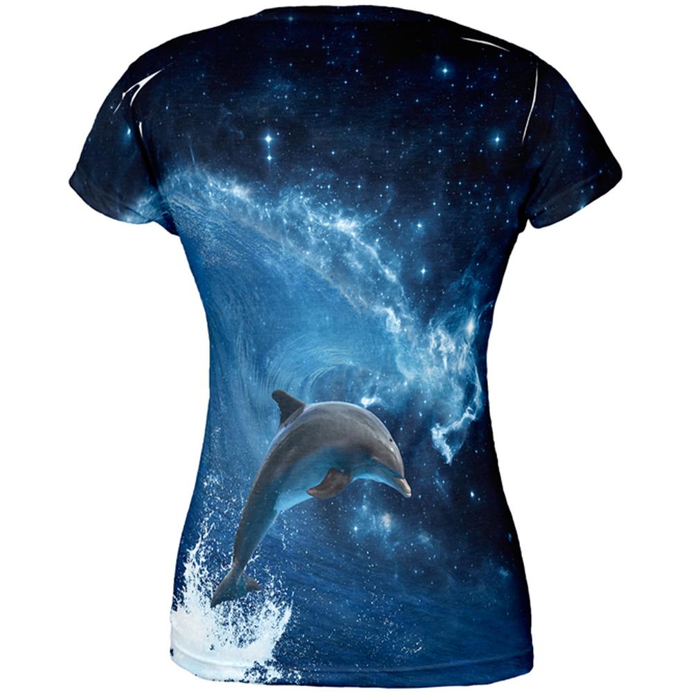 Dolphin IN SPACE Ocean Wave All Over Juniors T-Shirt Juniors T-Shirts Old Glory   