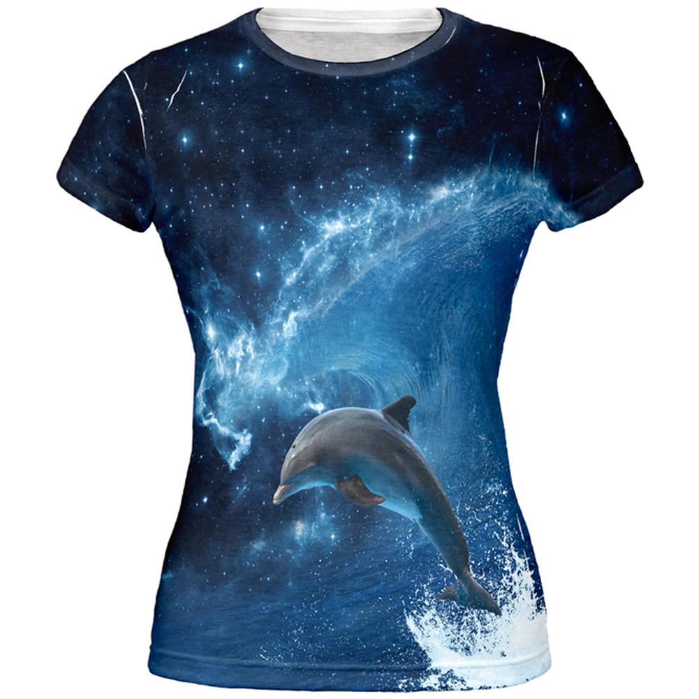 Dolphin IN SPACE Ocean Wave All Over Juniors T-Shirt Juniors T-Shirts Old Glory 2XL Multi 