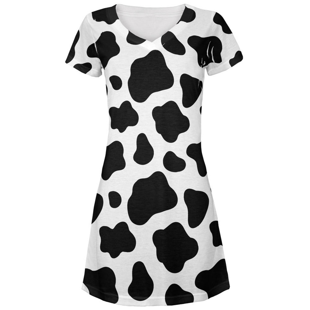 Cow Pattern Costume All Over Juniors V-Neck Dress Dresses Old Glory LG Multi 