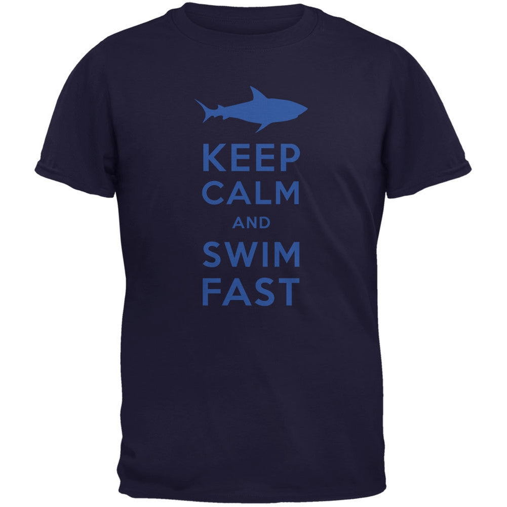 Shark Keep Calm and Swim Fast Navy Adult T-Shirt Men's T-Shirts Old Glory   