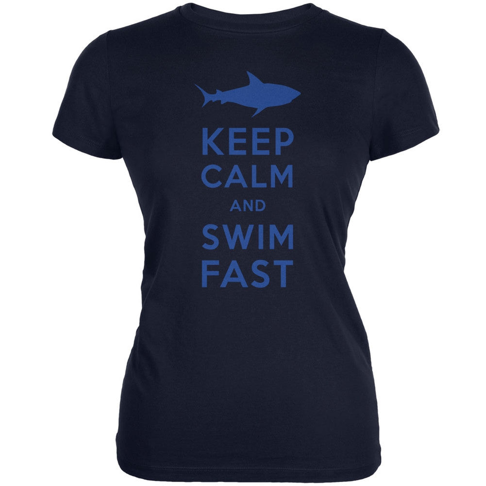 Shark Keep Calm and Swim Fast Navy Juniors Soft T-Shirt Juniors T-Shirts Old Glory   