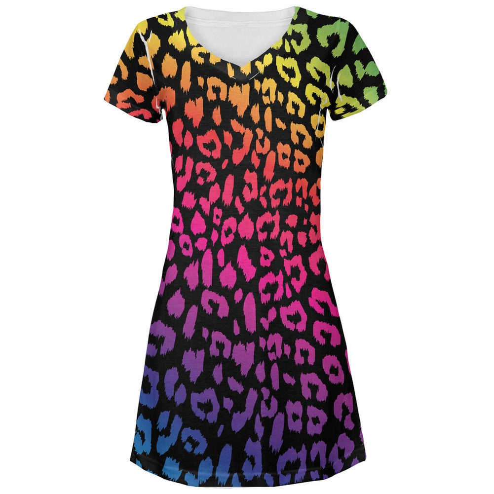 Rainbow Cheetah Print All Over Juniors V-Neck Dress Dresses Old Glory LG Multi 