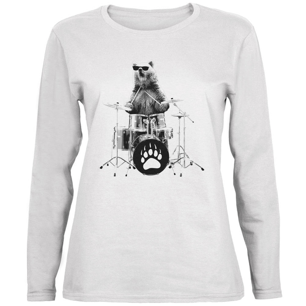 Bear Drummer White Womens Long Sleeve T-Shirt Long Sleeve T-Shirts Old Glory   