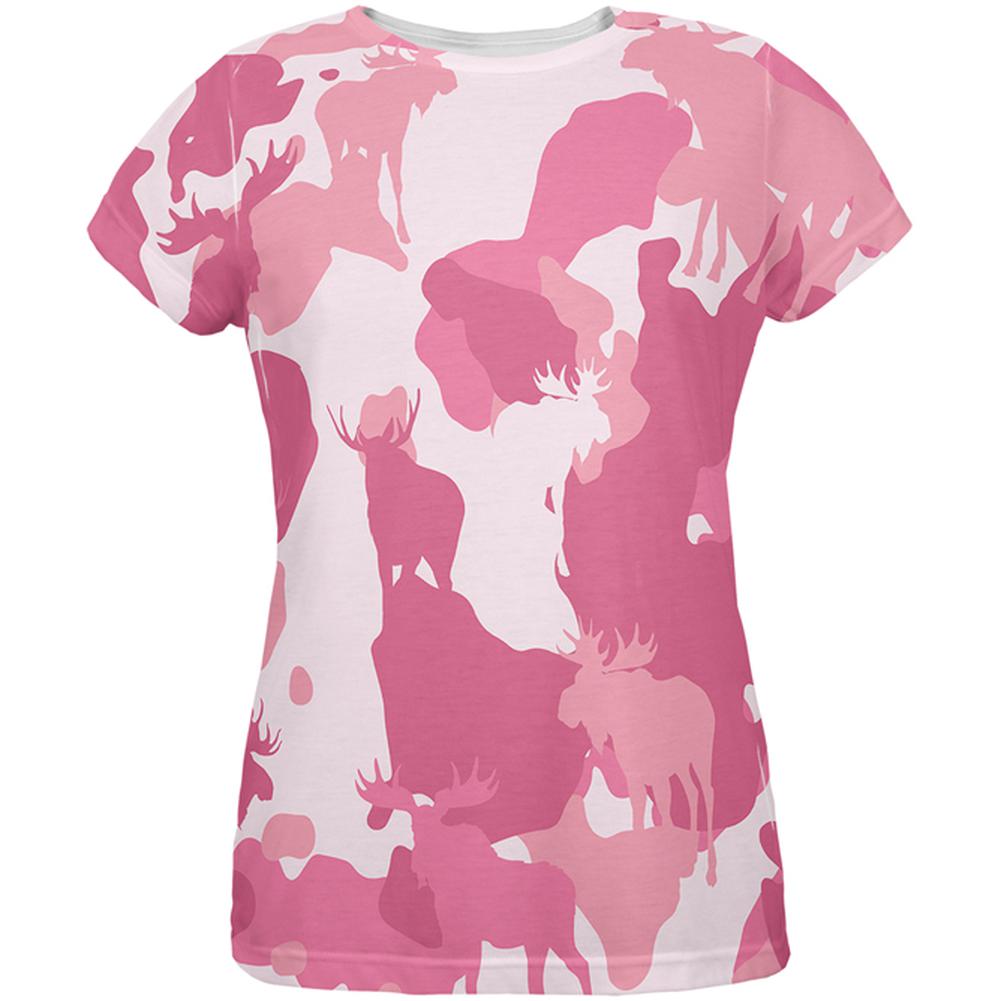 Moose Pink Camo All Over Womens T-Shirt Women's T-Shirts Old Glory 2XL Multi 