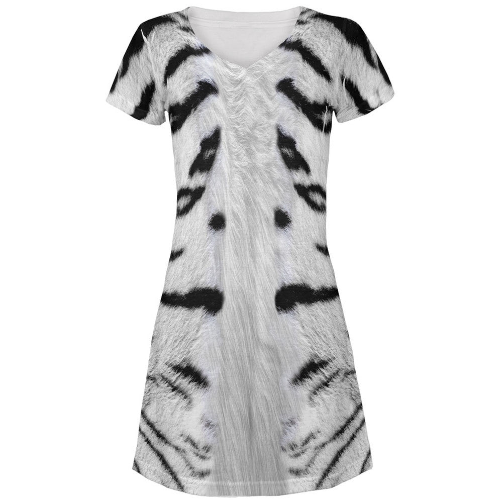 White Siberian Tiger Costume All Over Juniors V-Neck Dress Dresses Old Glory LG Multi 