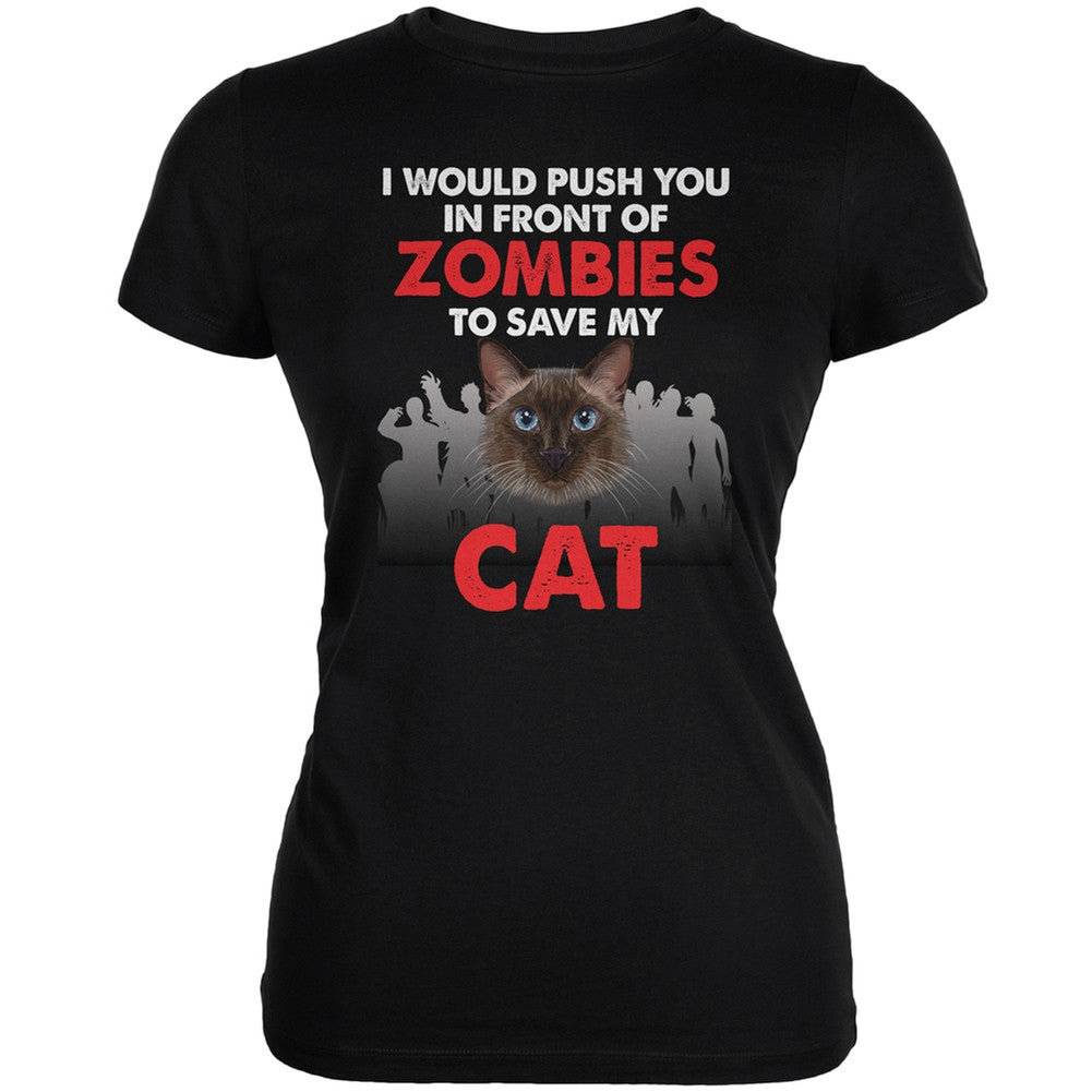 I Would Push You Zombies Cat Dark Heather Juniors Soft T-Shirt Juniors T-Shirts Old Glory 2XL Grey 