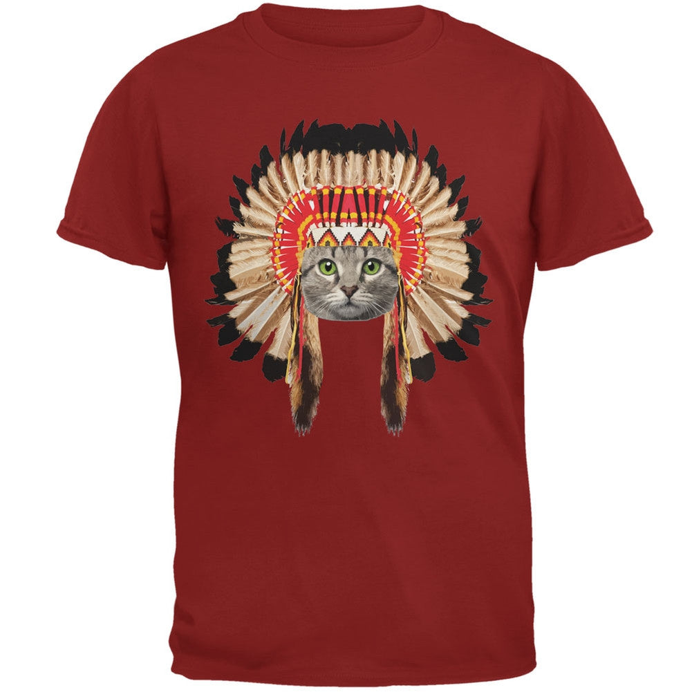 Thanksgiving Funny Cat Native American Cardinal Red Adult T-Shirt Men's T-Shirts Old Glory   