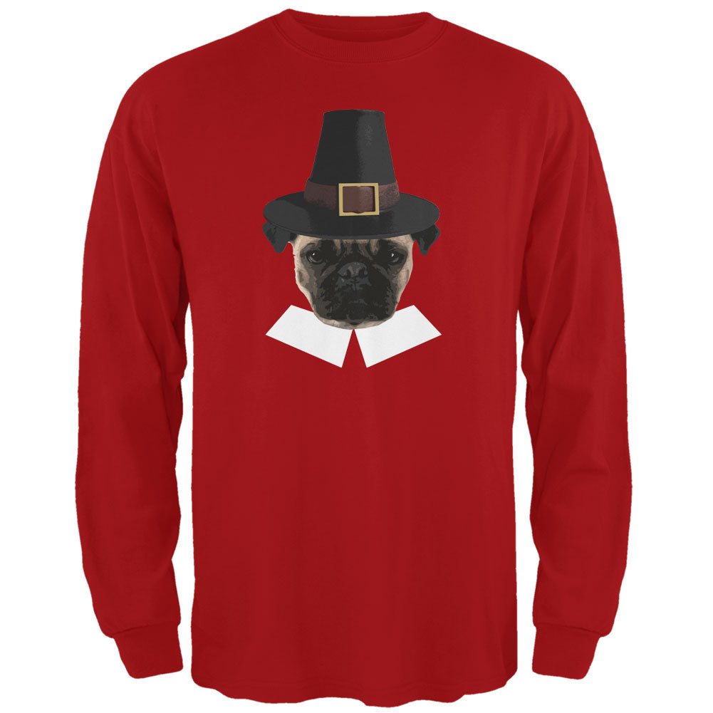 Thanksgiving Funny Pug Pilgrim Red Adult Long Sleeve T-Shirt Men's Long Sleeves Old Glory 2XL Red 