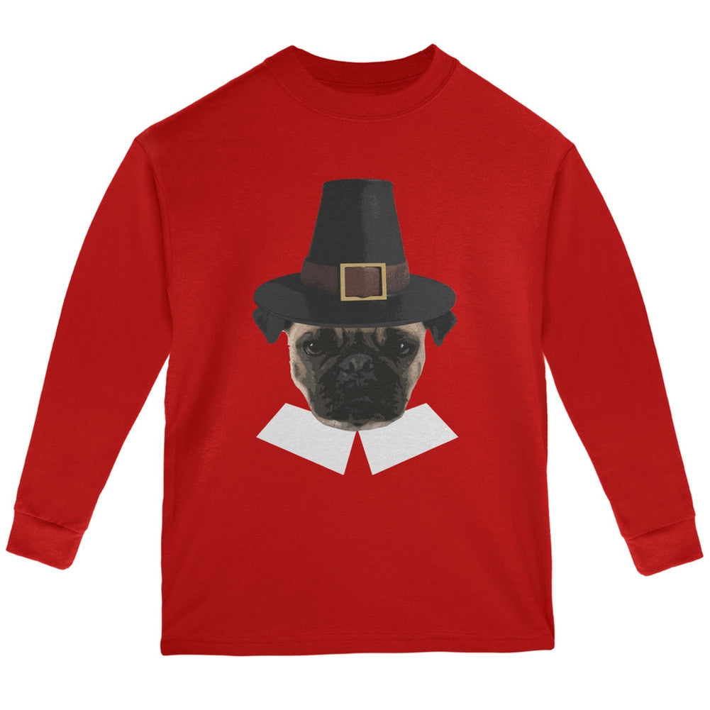 Thanksgiving Funny Pug Pilgrim Red Youth Long Sleeve T-Shirt Long Sleeve T-Shirts Old Glory   