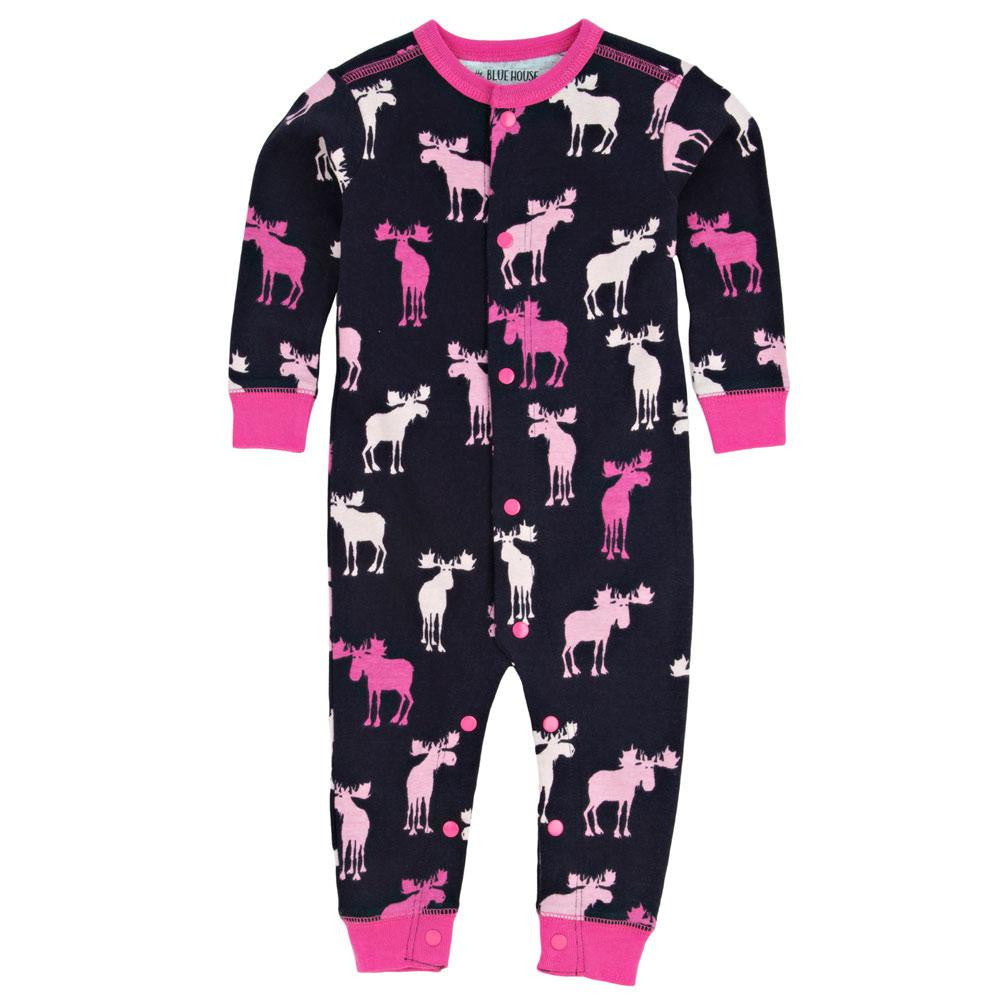 Pink And Navy Moose Baby Girl Sleepy Romper Rompers Old Glory   