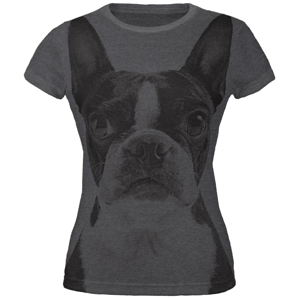 Boston Terrier Vintage All Over Dark Heather Juniors Soft T-Shirt Juniors T-Shirts Old Glory 2XL Grey 