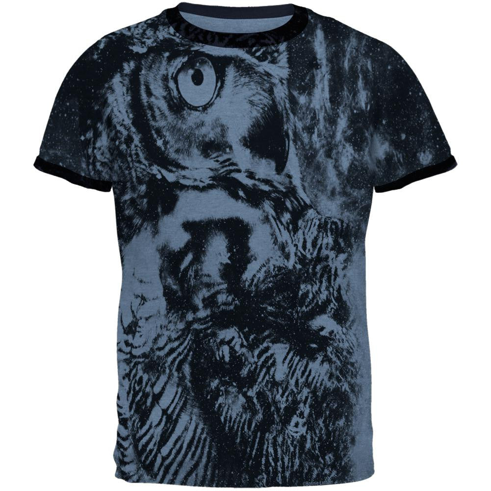 Zen Wisdom Owl Ghost All Over Heather Blue-Navy Men's Ringer T-Shirt Men's T-Shirts Old Glory   