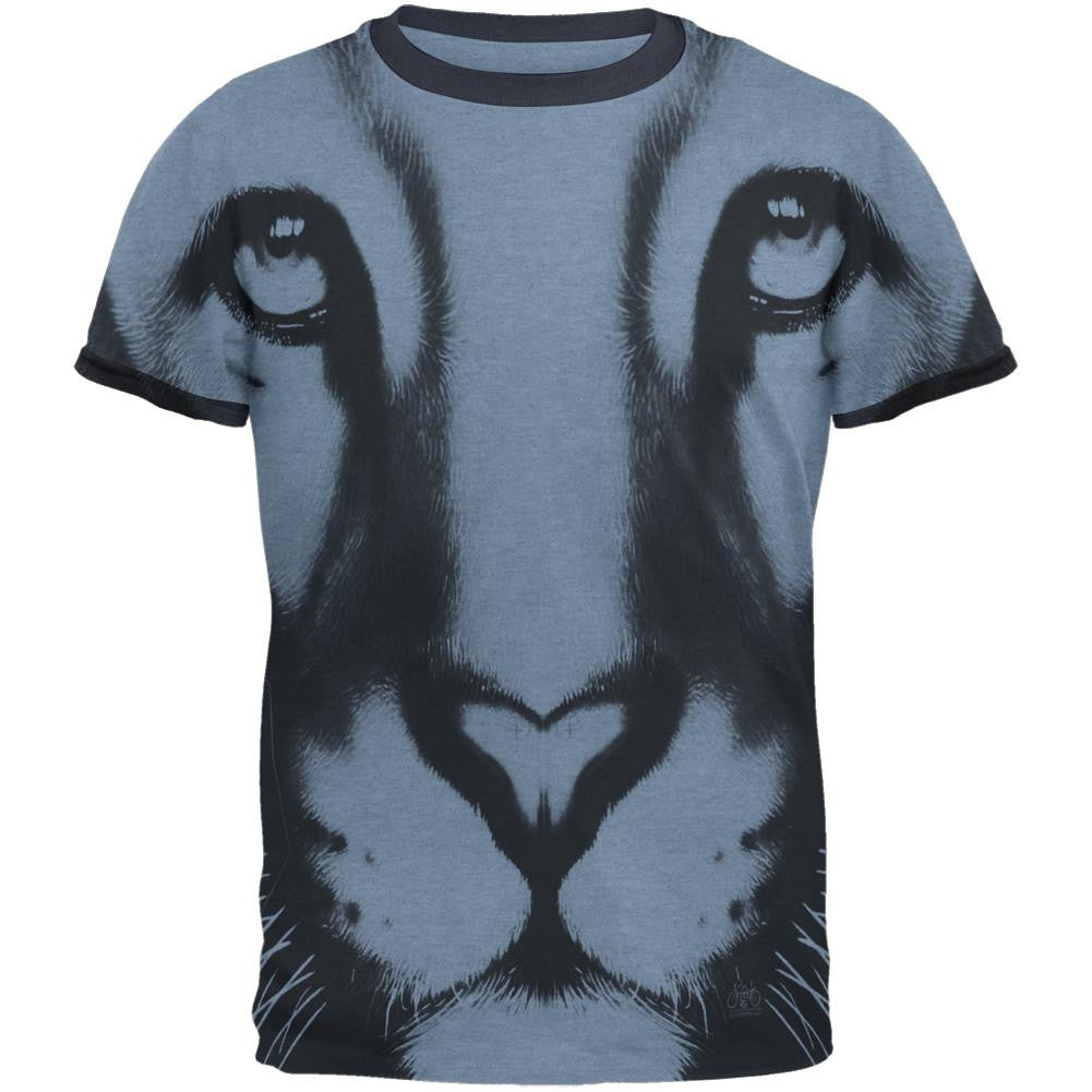 Mountain Lion Cougar Ghost Face Heather Blue-Navy Men's Ringer T-Shirt Men's T-Shirts Old Glory   