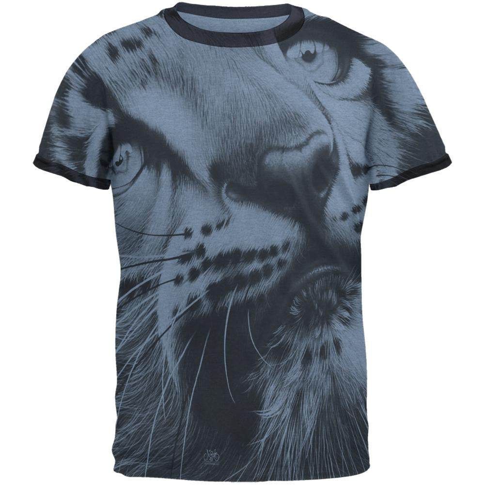 Snow Leopard Cub Ghost Close Up Heather Blue-Navy Men's Ringer T-Shirt Men's T-Shirts Old Glory   