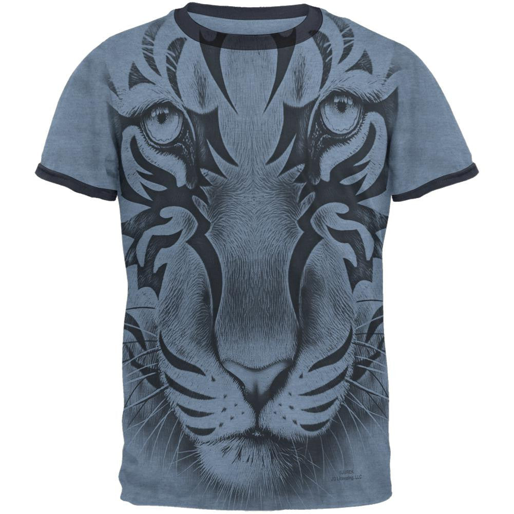 Tribal Tiger Ghost Heather Blue-Navy Men's Ringer T-Shirt Men's T-Shirts Old Glory   