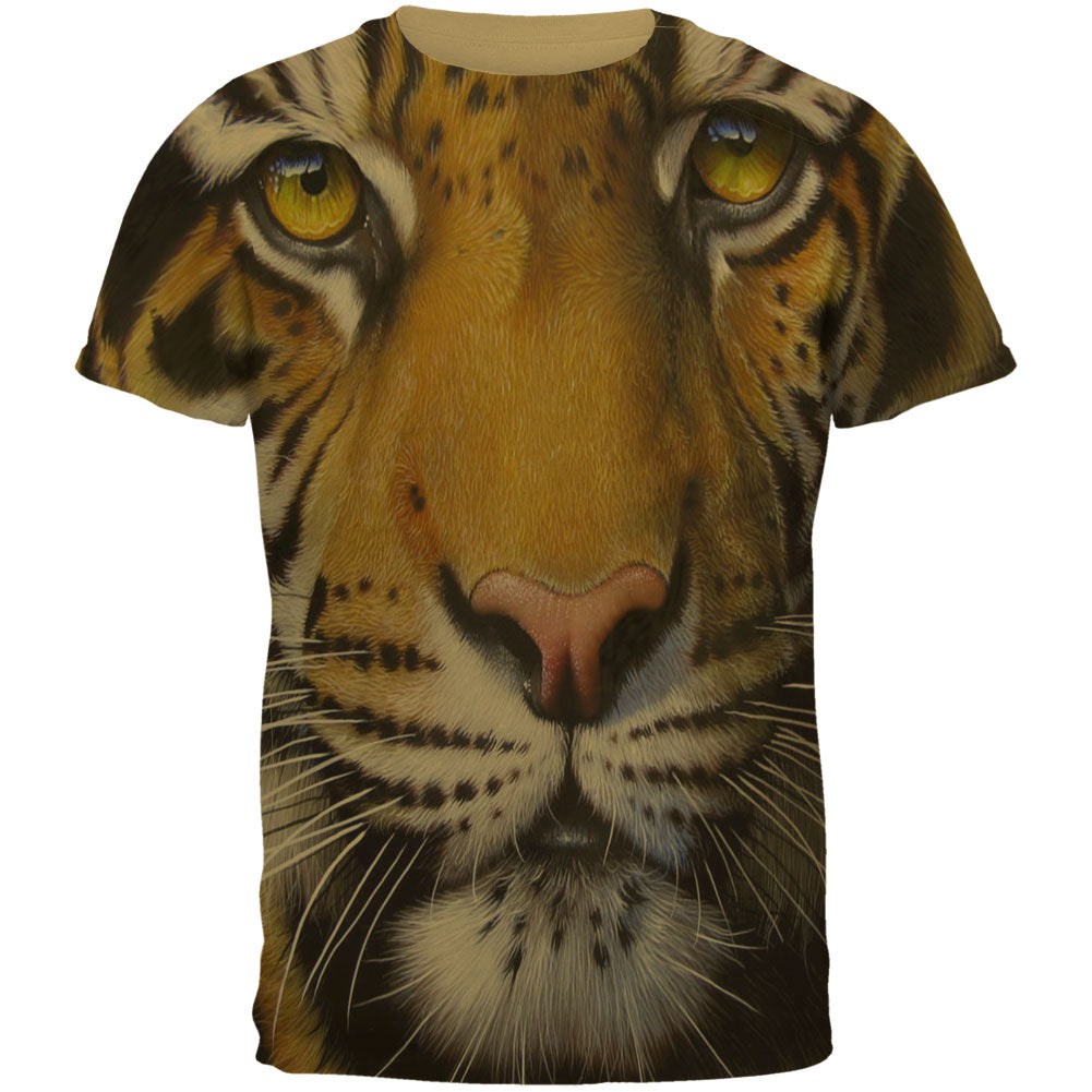 Siberian Tiger Face All Over Tan Adult T-Shirt Men's T-Shirts Old Glory 2XL Beige 