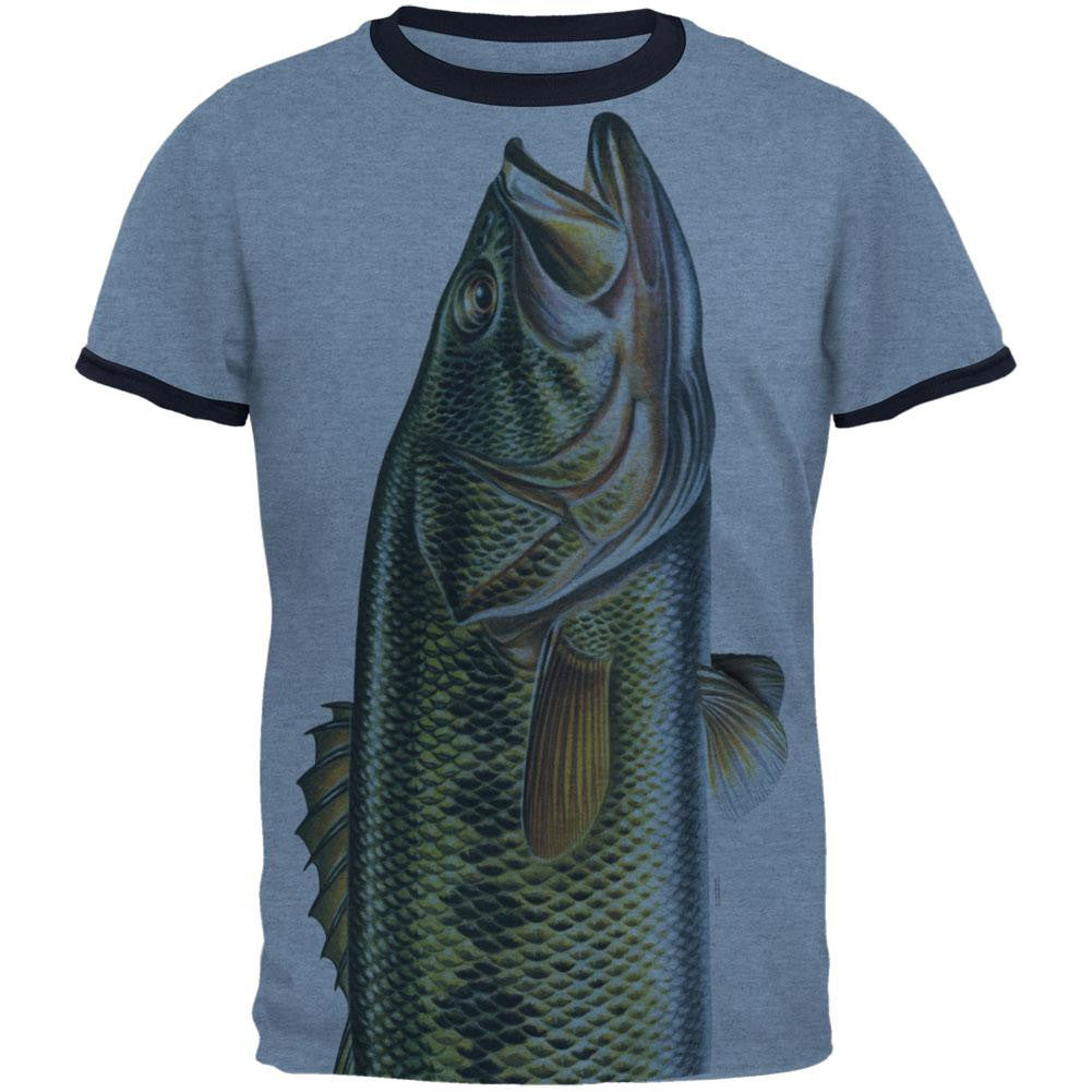 Big Bass All Over Heather Blue-Navy Men's Ringer T-Shirt Men's T-Shirts Old Glory   