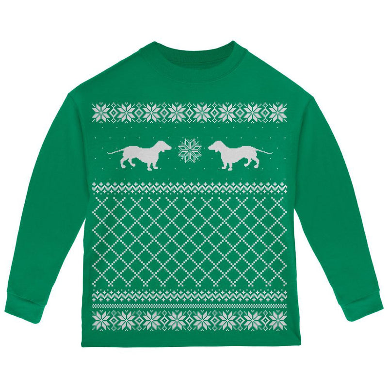 Dachshund Ugly Christmas Sweater Green Youth Long Sleeve T-Shirt Long Sleeve T-Shirts Old Glory   