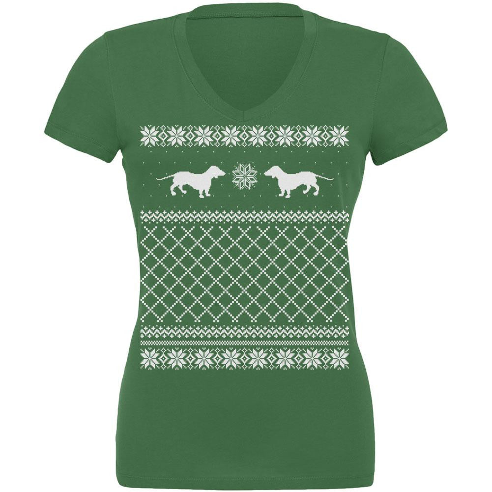 Dachshund Ugly Christmas Sweater Leaf Juniors V-Neck T-Shirt Juniors V-Neck T-Shirts Old Glory   