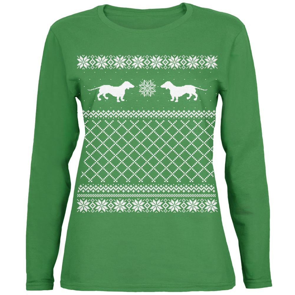 Dachshund Ugly Christmas Sweater Green Youth Long Sleeve T-Shirt Long Sleeve T-Shirts Old Glory   