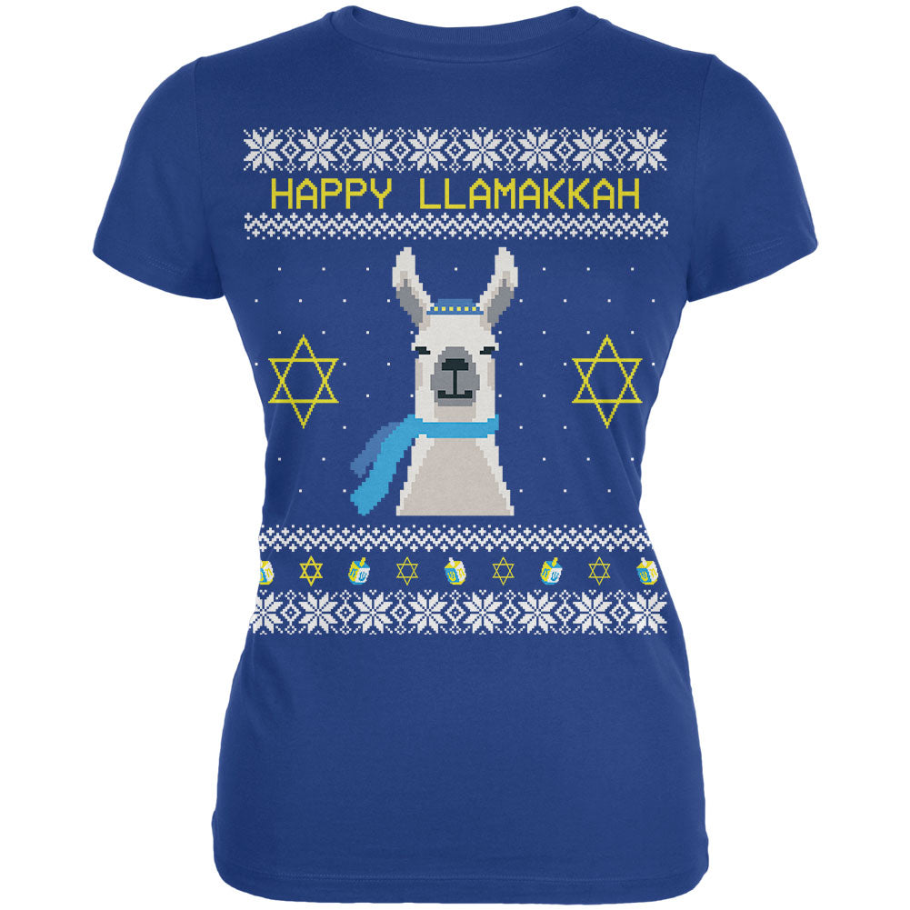 Llama Llamakkah Ugly Hanukkah Sweater Royal Juniors Soft T-Shirt Juniors T-Shirts Old Glory 2XL Blue 