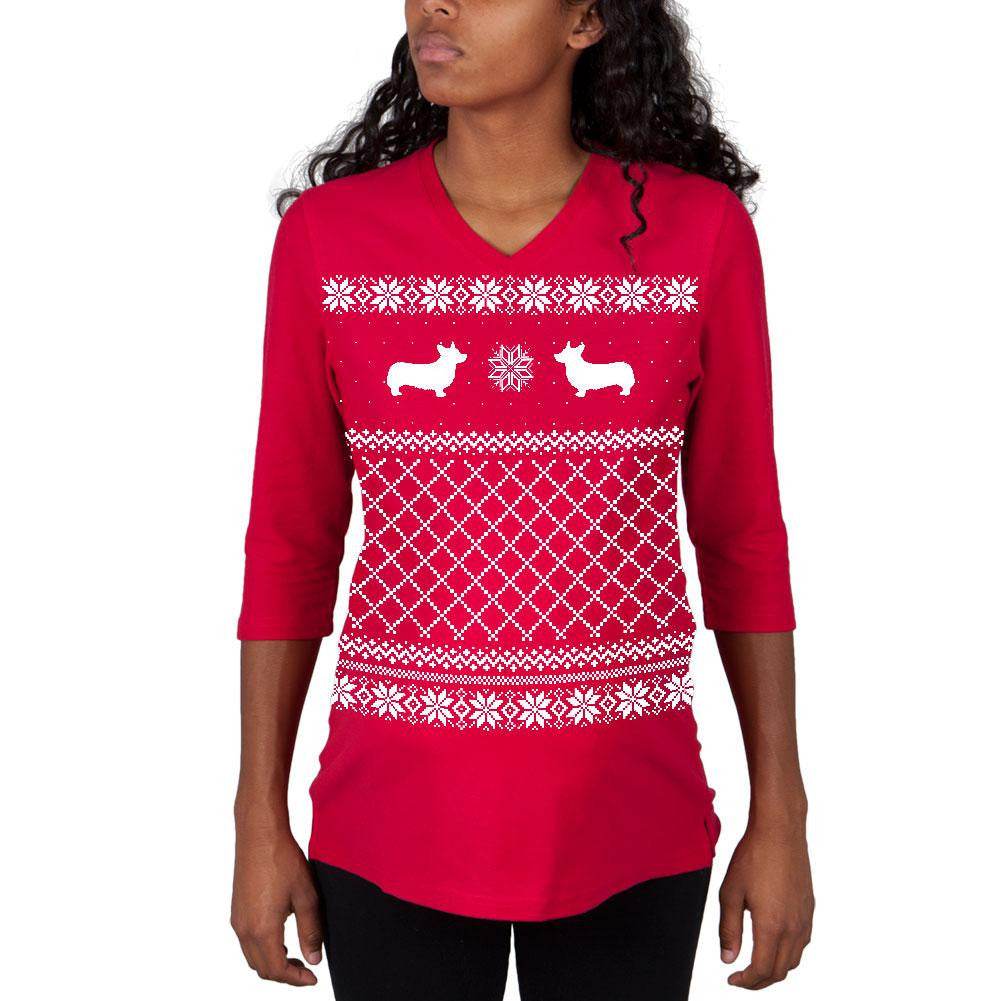 Corgi Ugly Christmas Sweater Red Maternity 3/4 sleeve T-shirt Men's T-Shirts Old Glory   