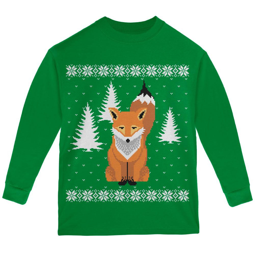 Big Fox Ugly Christmas Sweater Green Toddler Long Sleeve T-Shirt Long Sleeve T-Shirts Old Glory   