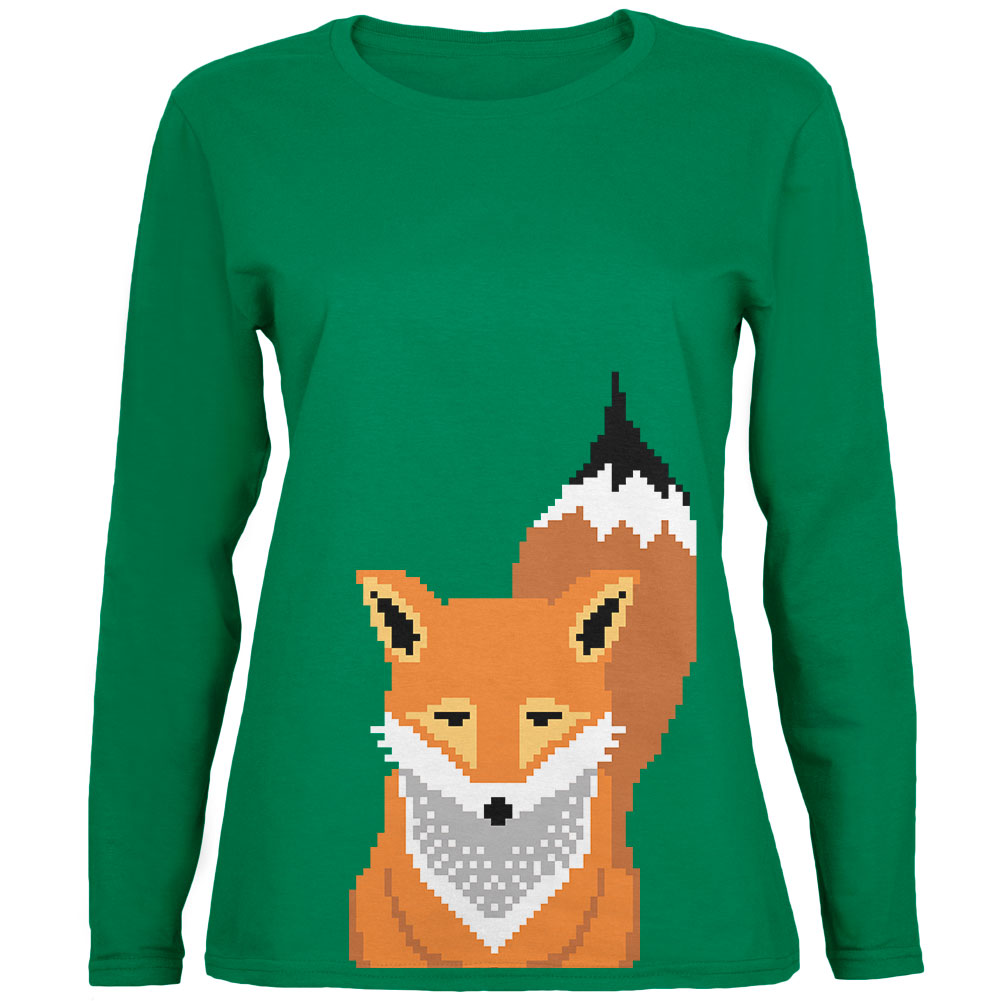 Winter Pixelated Fox Green Womens Long Sleeve T-Shirt Long Sleeve T-Shirts Old Glory 2XL Green 