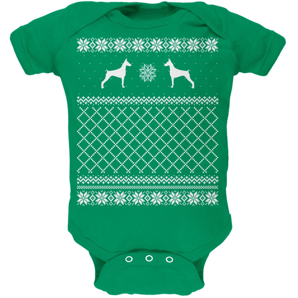 Doberman Ugly Christmas Sweater Kelly Green Soft Baby One Piece Baby One Piece Old Glory   