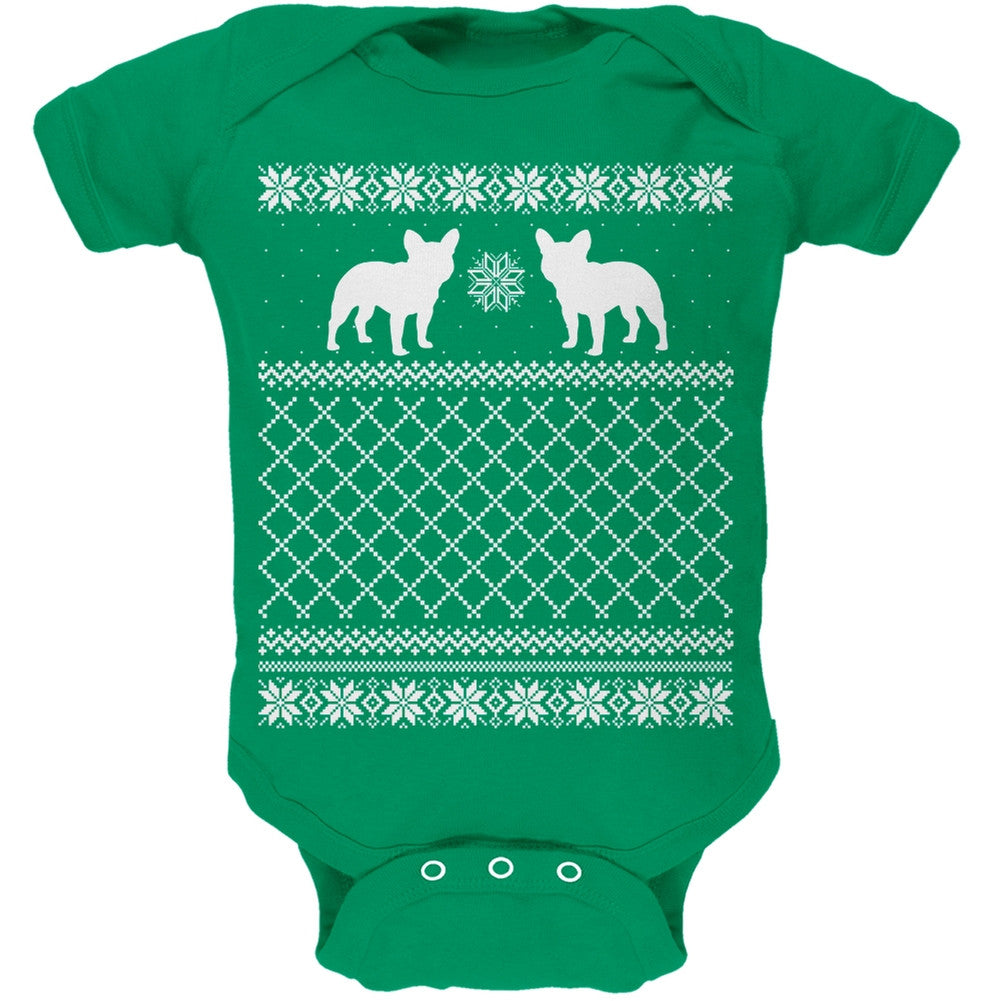 French Bulldog Ugly Christmas Sweater Kelly Green Soft Baby One Piece Baby One Piece Old Glory   