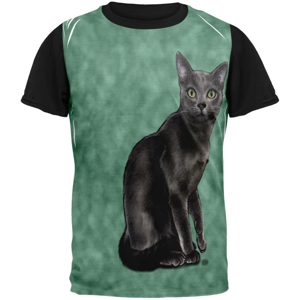 Green Eyed Grey Kitty Tie Dye Adult Black Back T-Shirt Men's T-Shirts Old Glory   