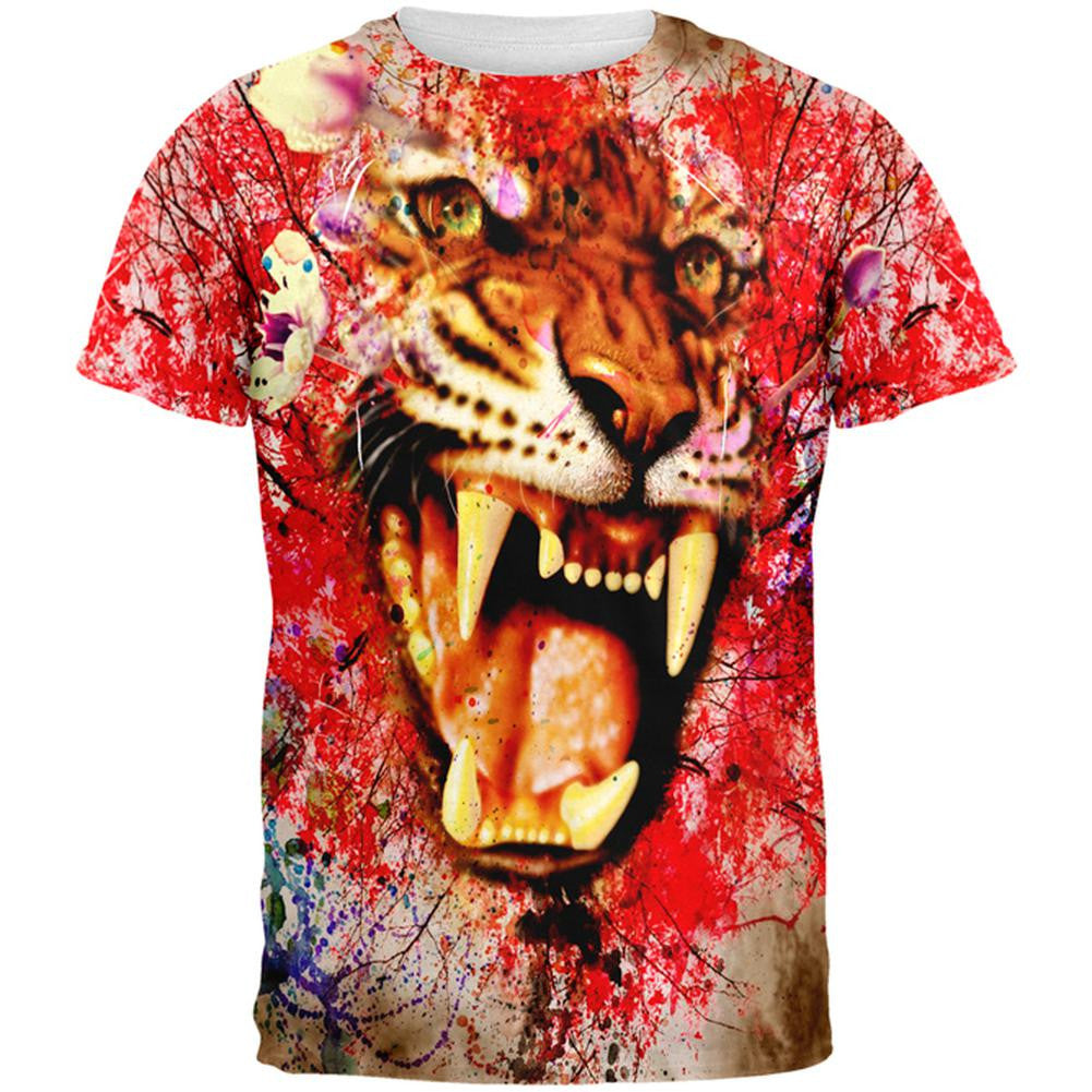 Painted Angry Tiger All Over Adult T-Shirt Men's T-Shirts Old Glory 2XL Multi 