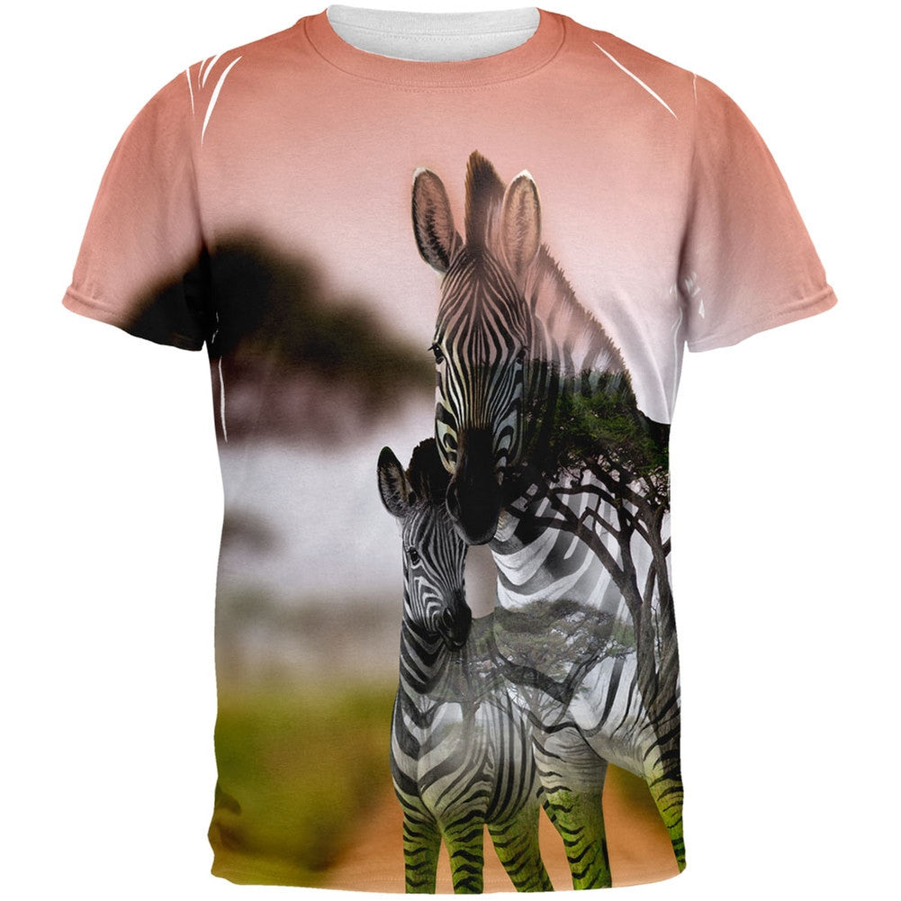 Zebra Savanna Double Exposure All Over Adult T-Shirt Men's T-Shirts Old Glory   