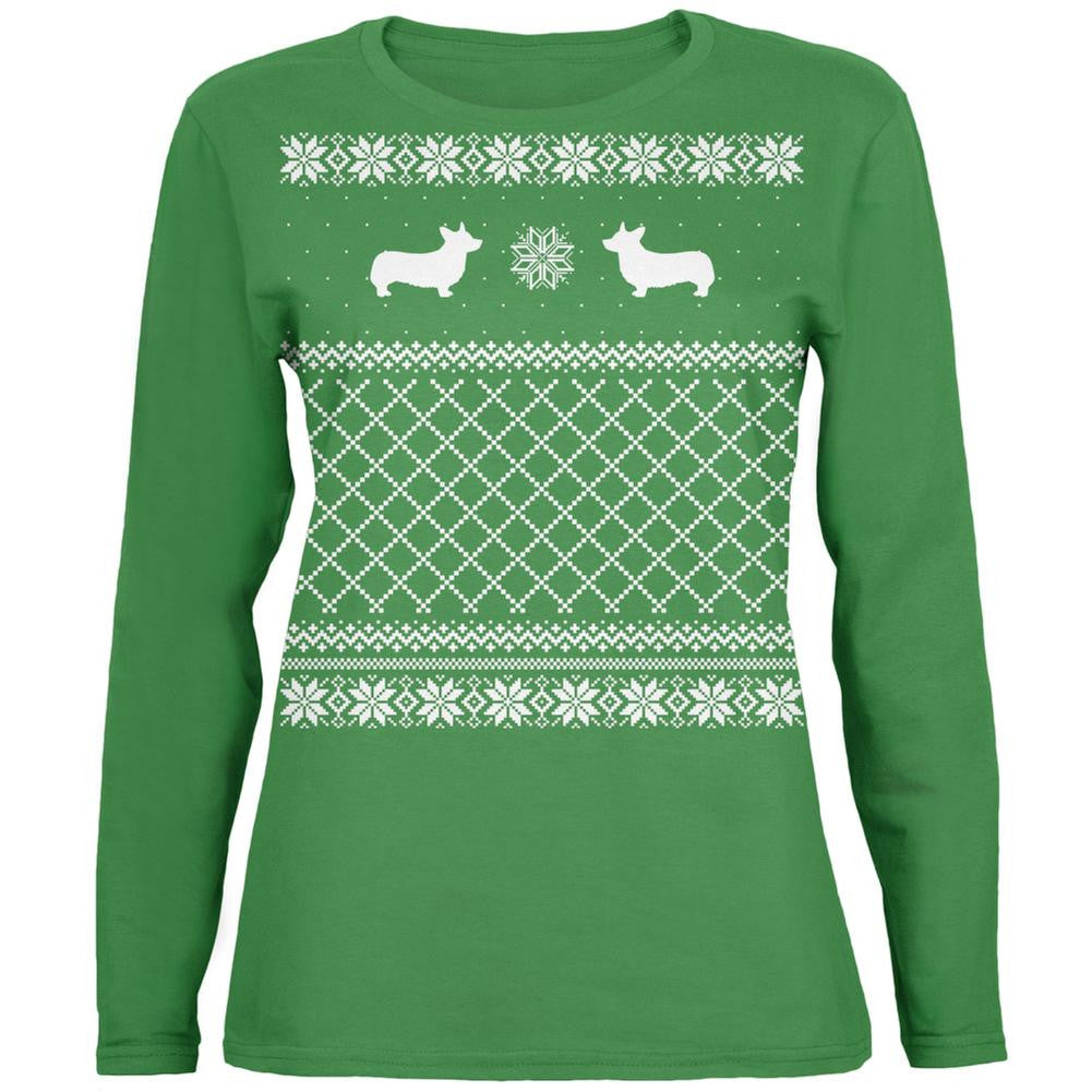 Corgi Ugly Christmas Sweater Green Womens Long Sleeve T-Shirt Long Sleeve T-Shirts Old Glory   