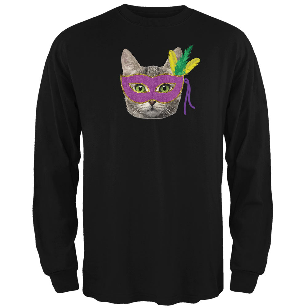 Mardi Gras Mask Funny Cat Black Adult Long Sleeve T-Shirt Men's Long Sleeves Old Glory 2XL Black 