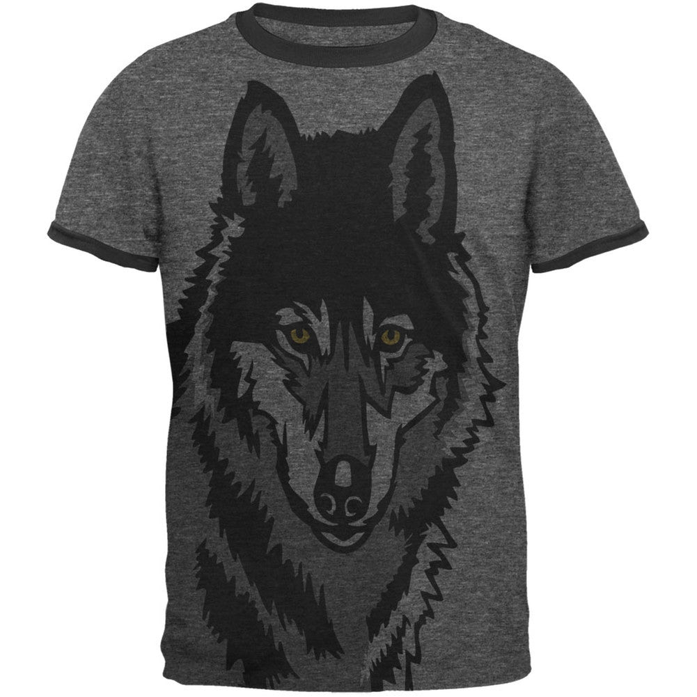 Wolf Face All Over Heather-Black Men's Ringer T-Shirt Men's T-Shirts Old Glory   