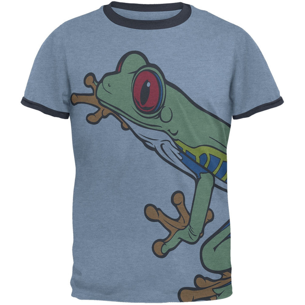 Big Tree Frog All Over Heather Blue-Navy Men's Ringer T-Shirt Men's T-Shirts Old Glory   